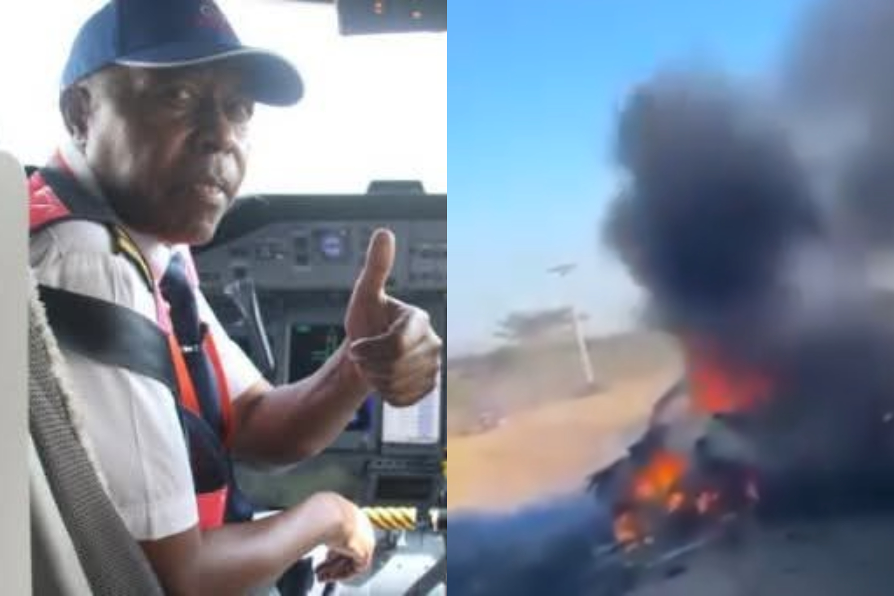 Photo collage of veteran pilot James Gitahi Nguyo and a wreckage on his car.